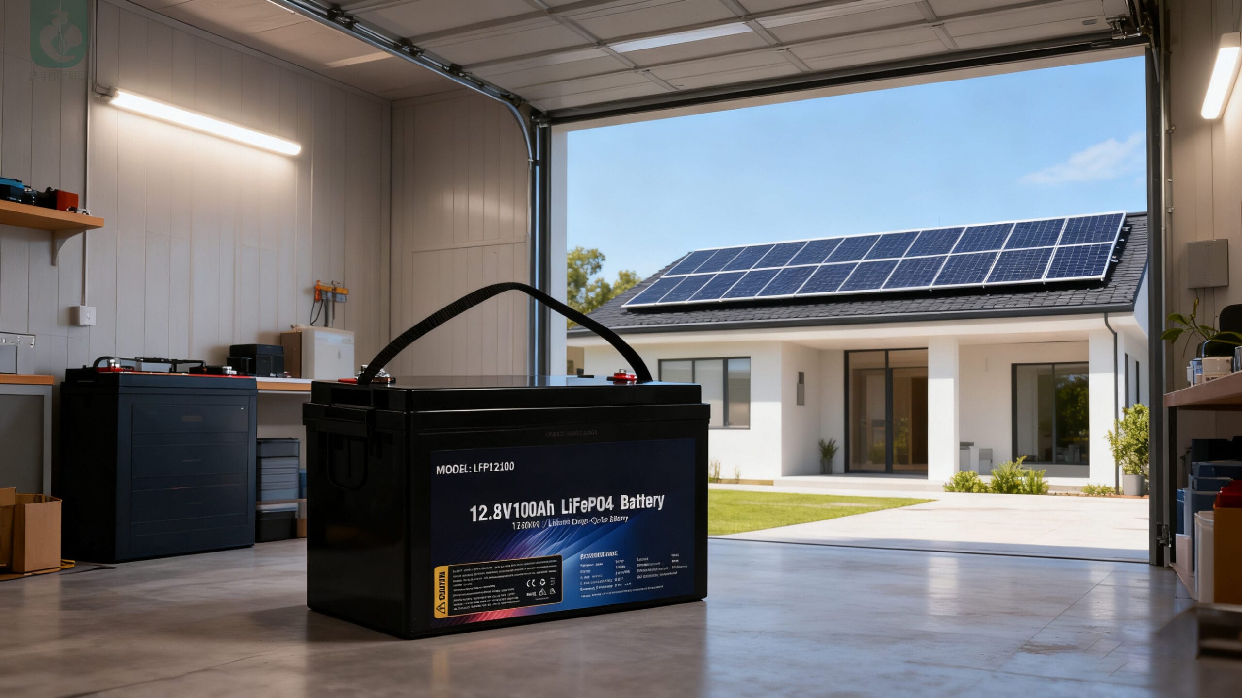 Residential Energy Storage A modern home powered by renewable energy, solar panels on the roof, LiFePO4 battery replacing old lead-acid unit in a clean utility room, eco-friendly lighting, bright and sustainable atmosphere