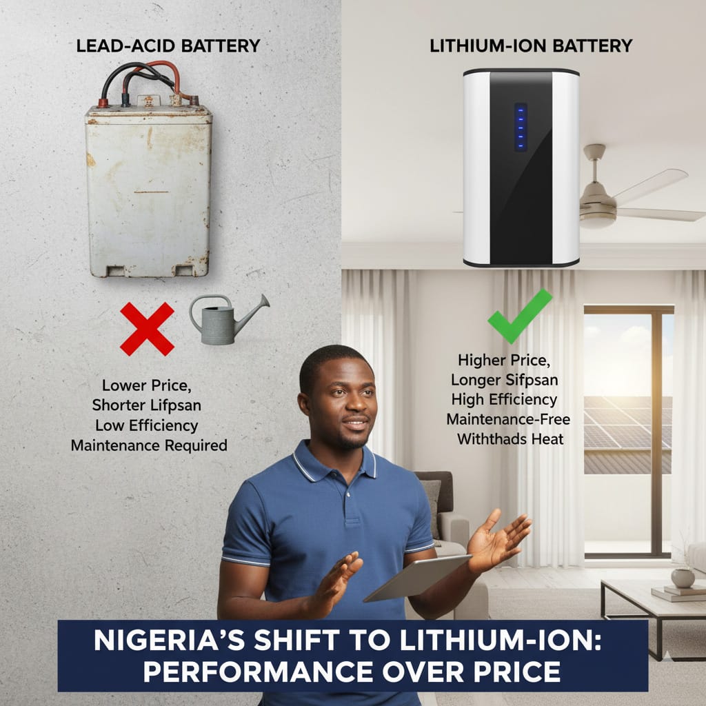 Lead-acid batteries Lead-acid batteries are more affordable but have shorter lifespans, lower efficiency, and require regular maintenance. Lithium-ion batteries, on the other hand, are more expensive upfront but offer better performance, faster charging, higher energy density, and longer cycle life.