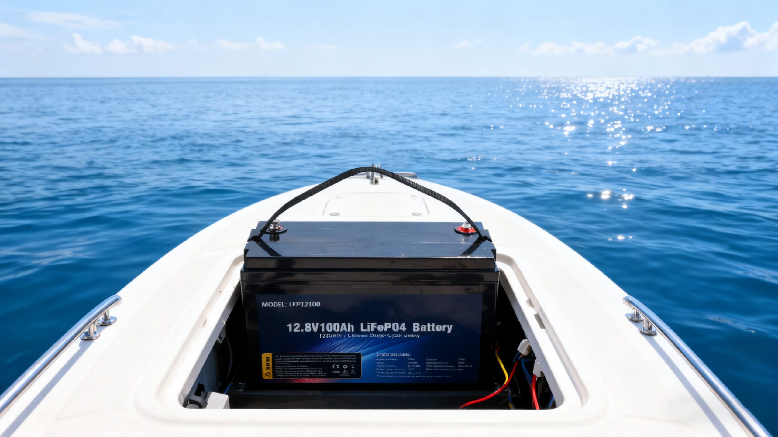 Marine & Boating Power A small electric yacht using LiFePO4 batteries as lead-acid replacement, calm ocean background, green energy concept, modern technology, environmental sustainability