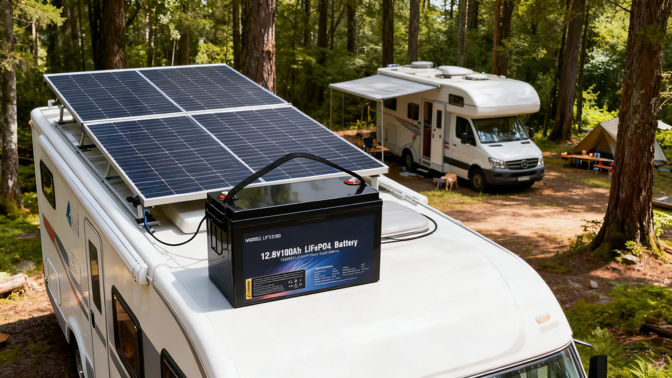 RV & Off-Grid Adventures An RV parked near a forest campsite, solar panels on the roof charging a LiFePO4 battery replacing lead-acid type, eco-travel, green energy lifestyle, natural light, clean technology
