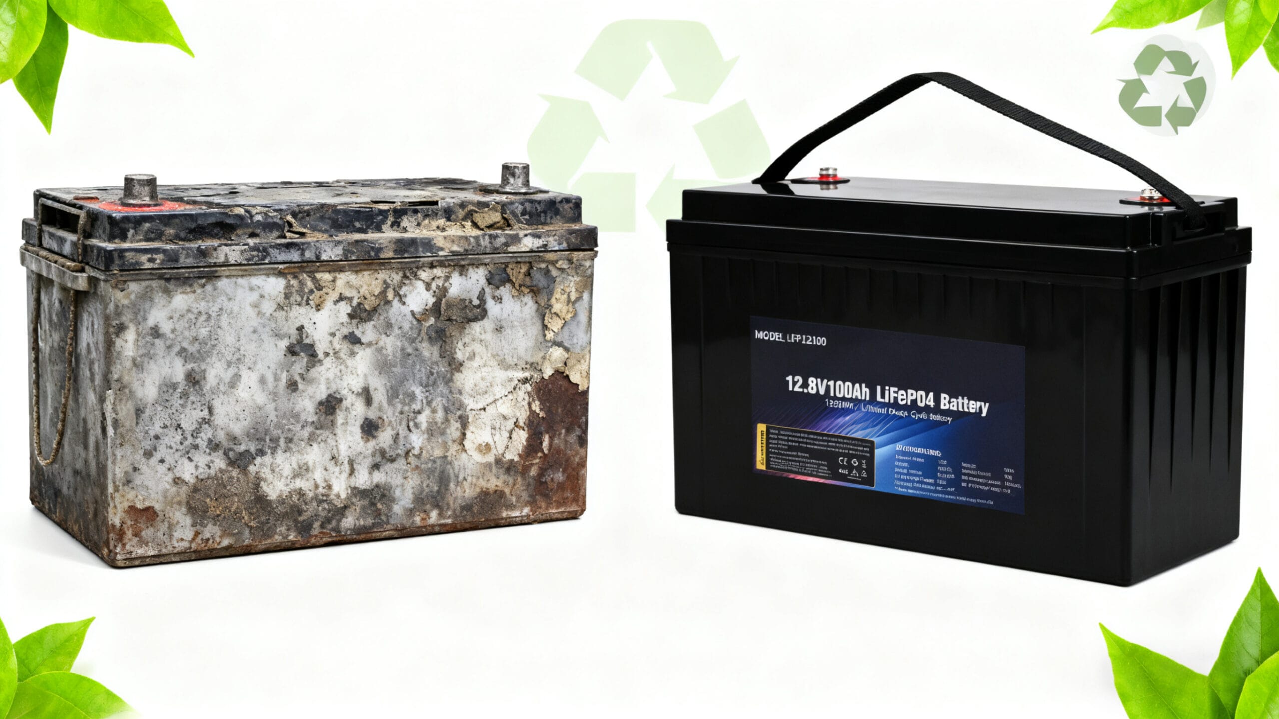 Industrial & Telecom Backup A warehouse or telecom cabinet using LiFePO4 batteries replacing old lead-acid batteries, organized energy storage system, clean energy transition, green industry concept