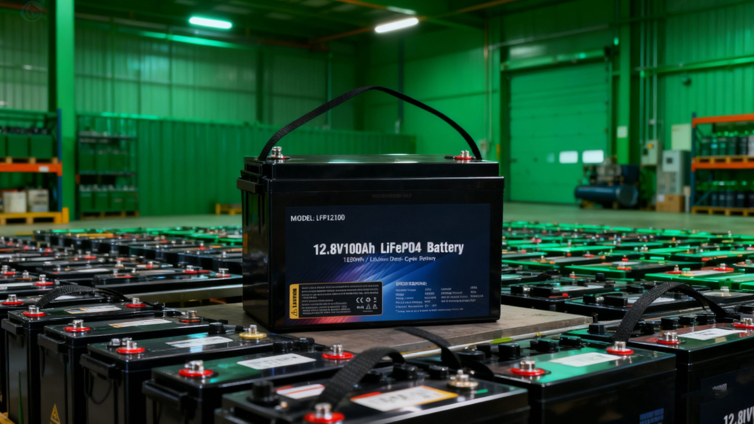 Eco-Friendly Energy Transition Side-by-side comparison of old corroded lead-acid battery and new sleek LiFePO4 battery, symbolizing eco-friendly energy transition, green leaves, clean technology, recycling symbol background