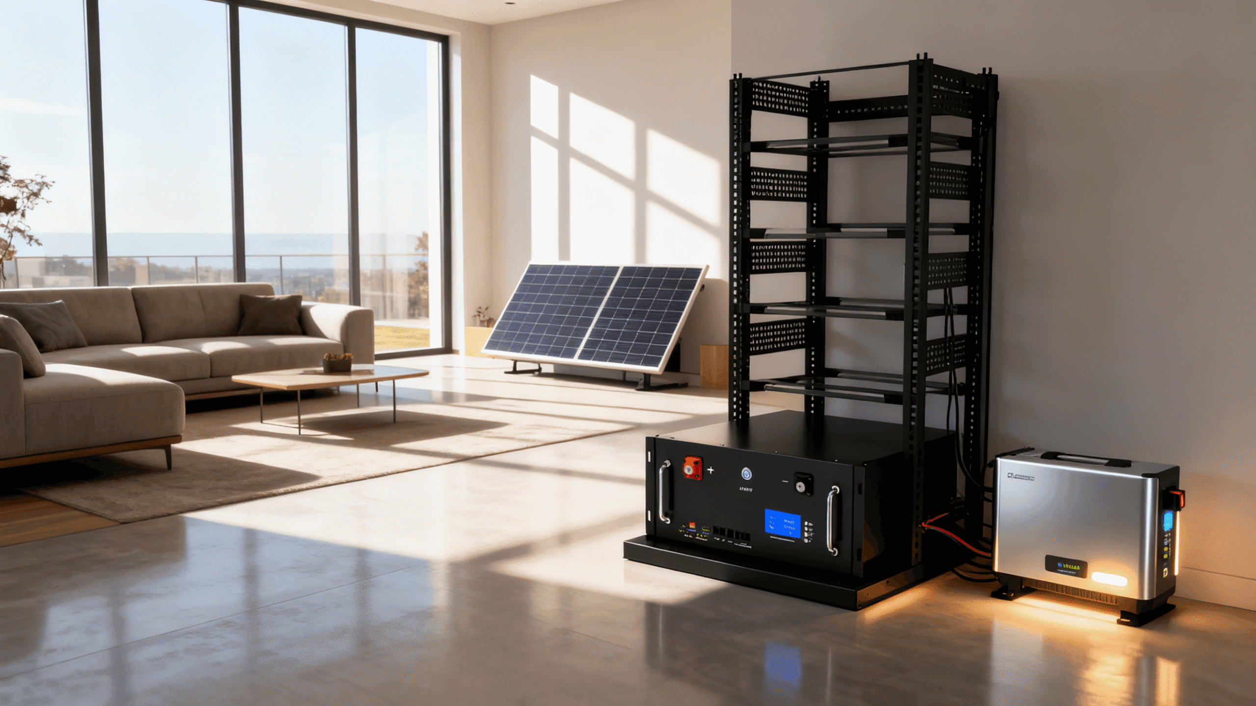 Modern Smart Home Energy Storage Modern living room with integrated 51.2V Rack Mount battery system, soft light, clean minimal design.