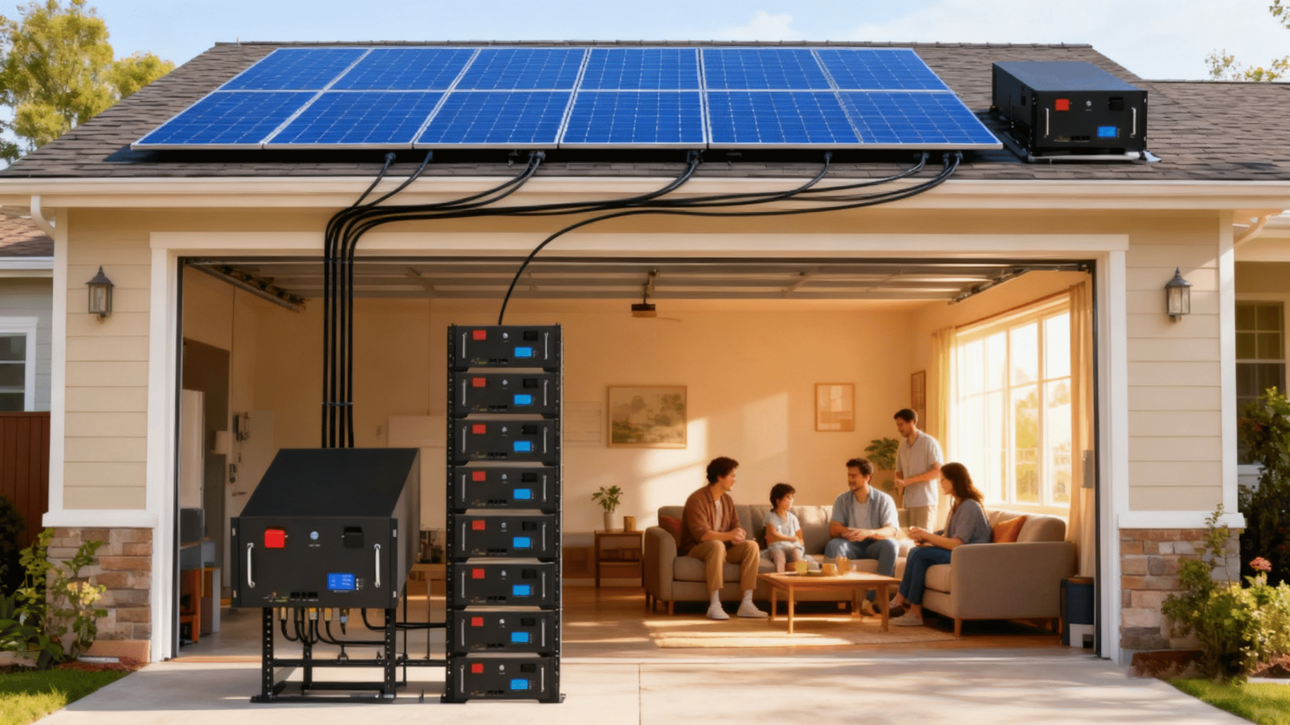 Solar-Powered Family House Station Suburban home garage area with 48V Rack Mount batteries connected to rooftop solar, providing clean power for the family indoors.