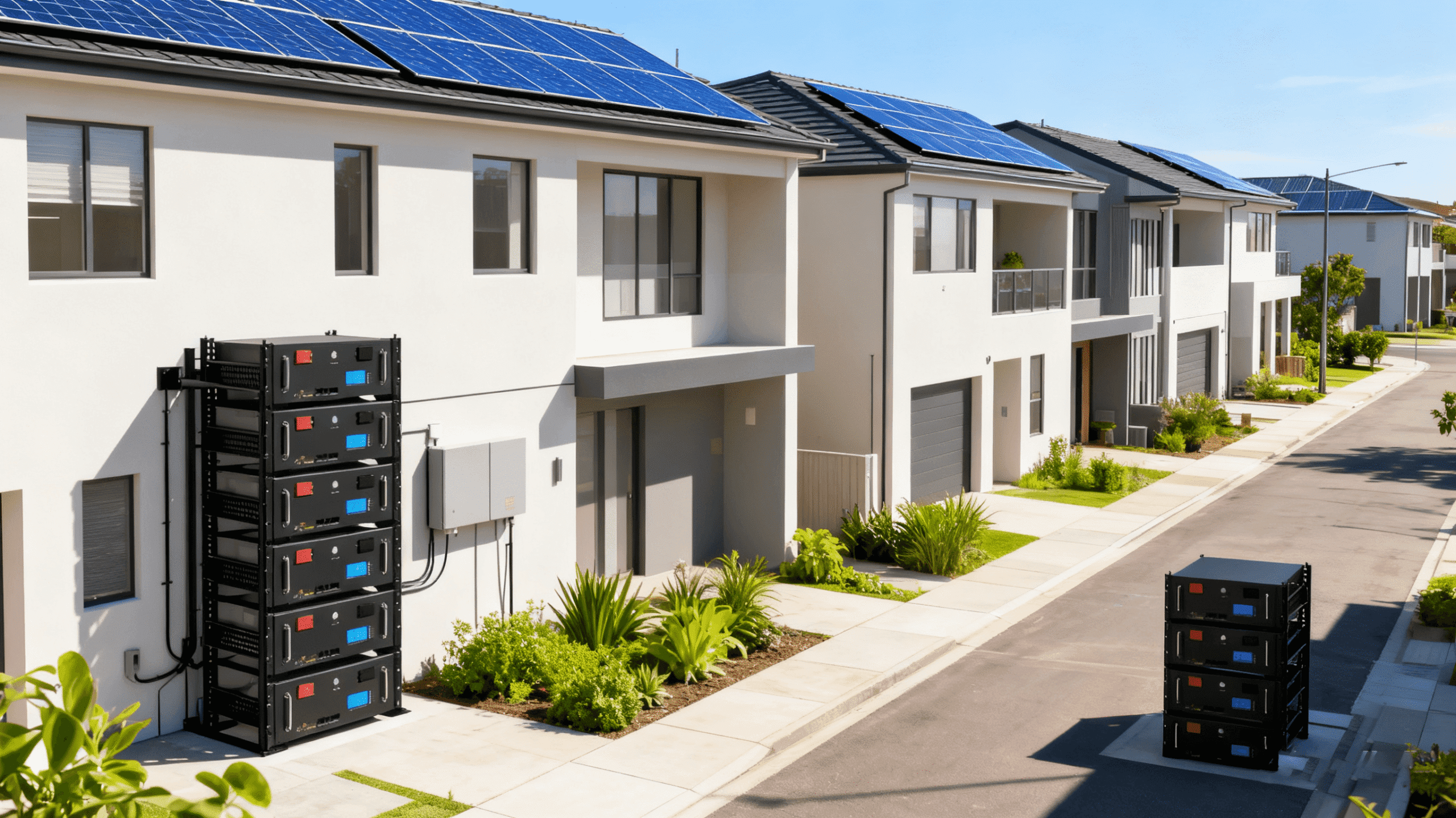 Sustainable Neighborhood Energy Network Community street scene with every home utilizing rack mount battery systems and solar, connected to a visualized smart grid network, representing a sustainable future neighborhood.