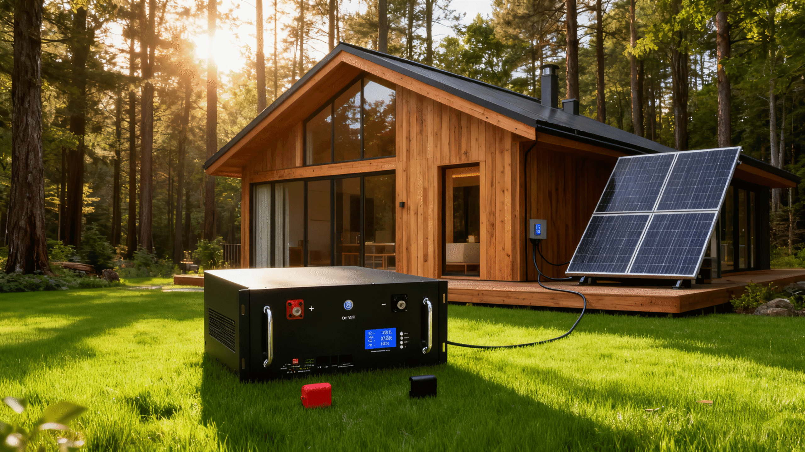 Off-Grid Eco Cabin Power Supply Modern off-grid wooden cabin in a natural setting, completely powered by a 51.2V Rack Mount battery system and solar panels. Quiet, sustainable, and energy independent.