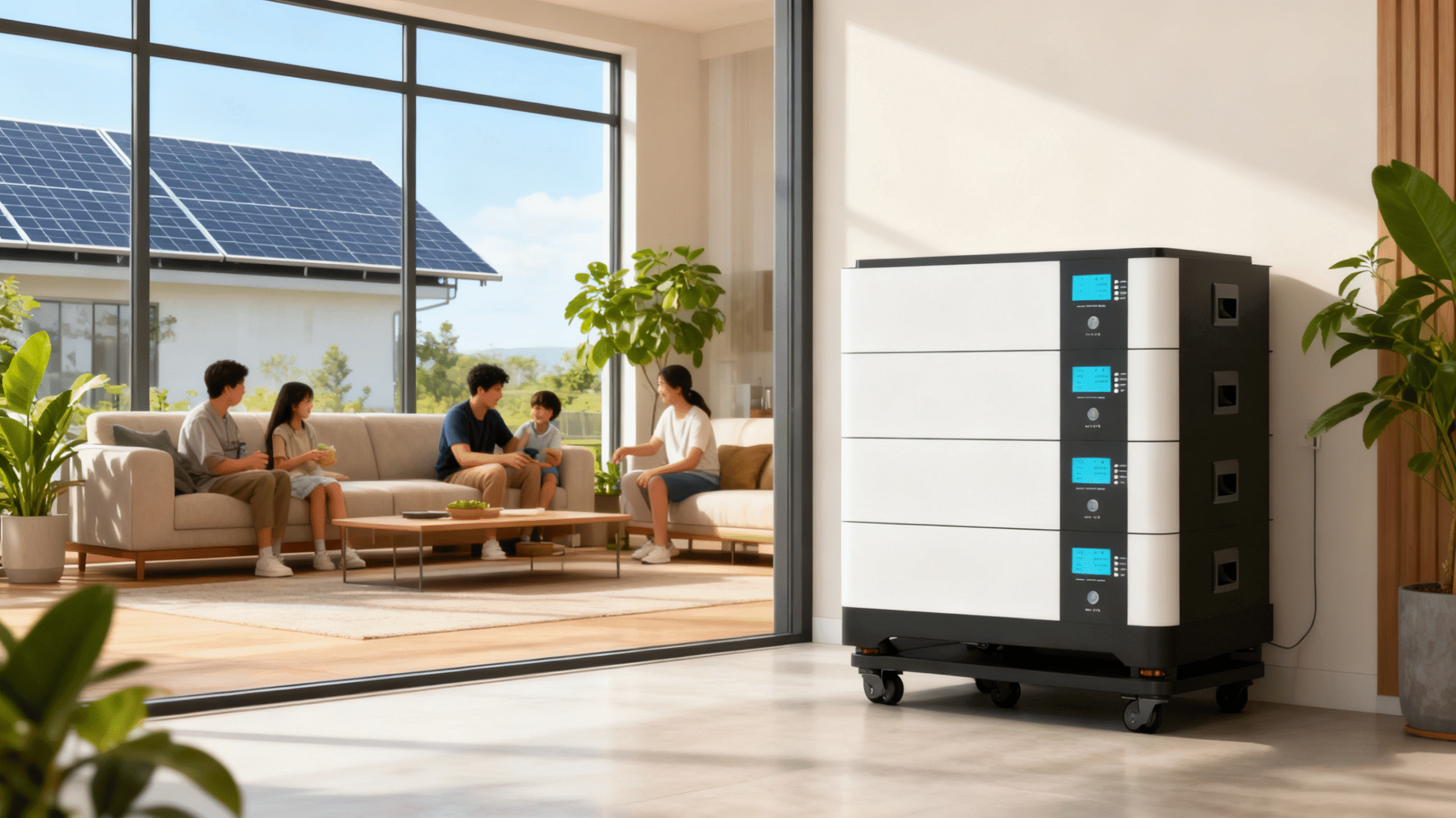 Modern home interior with stacked LiFePO4 home battery system on the wall, solar panels outside the window, family enjoying bright living space powered by clean energy, sustainable lifestyle, eco-friendly design, natural light, green tones Modern home interior with stacked LiFePO4 home battery system on the wall, solar panels outside the window, family enjoying bright living space powered by clean energy, sustainable lifestyle, eco-friendly design, natural light, green tones