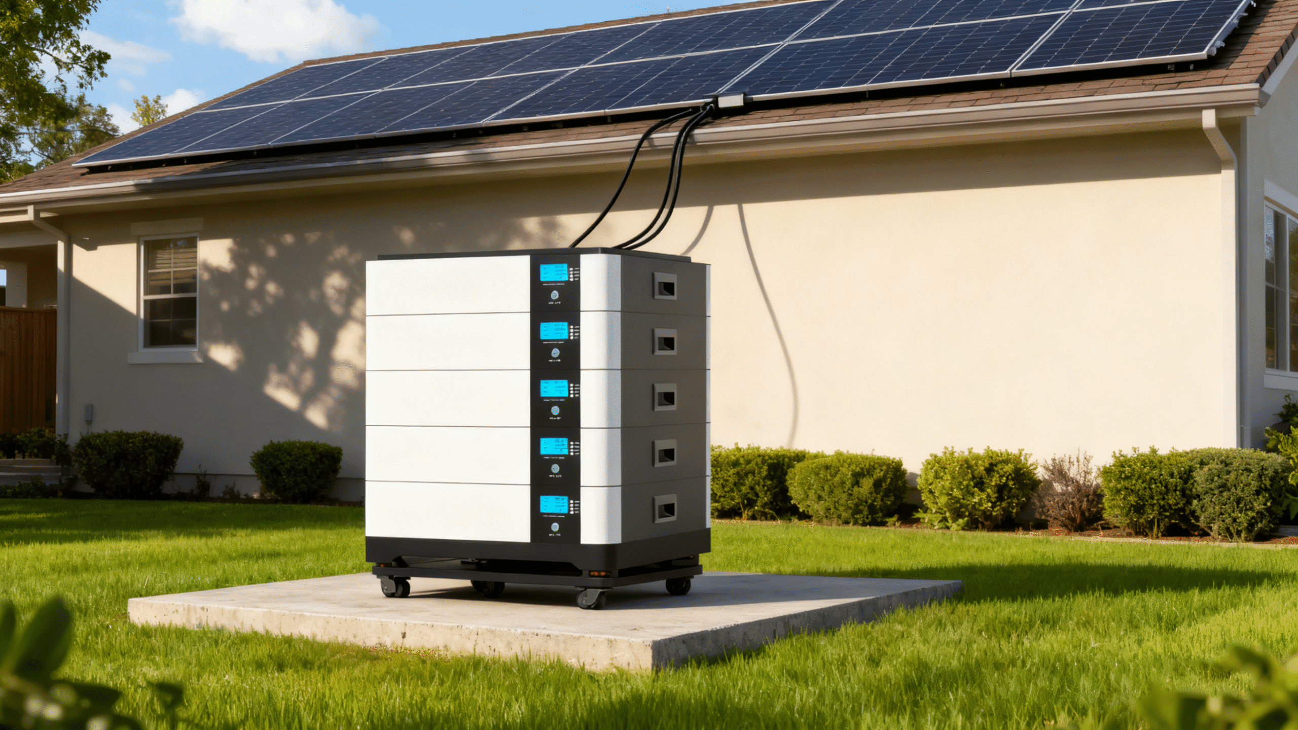 Happy family using renewable solar energy stored in stacked LiFePO4 home batteries, plants and sunlight surrounding, clean technology blending with modern living, green sustainable lifestyle concept Happy family using renewable solar energy stored in stacked LiFePO4 home batteries, plants and sunlight surrounding, clean technology blending with modern living, green sustainable lifestyle concept