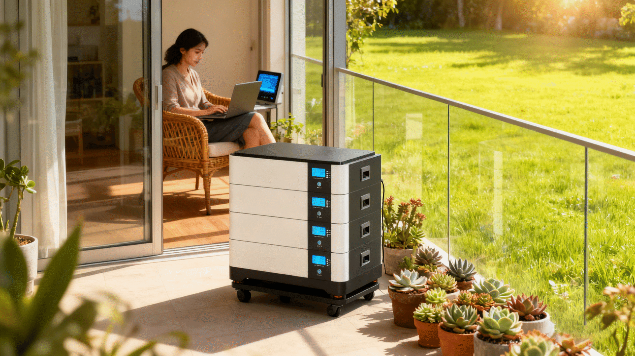 Eco-friendly house with rooftop solar panels connected to stacked LiFePO4 home batteries, lush green garden, sunlight reflecting on modern energy system, symbolizing clean power independence and sustainability Eco-friendly house with rooftop solar panels connected to stacked LiFePO4 home batteries, lush green garden, sunlight reflecting on modern energy system, symbolizing clean power independence and sustainability