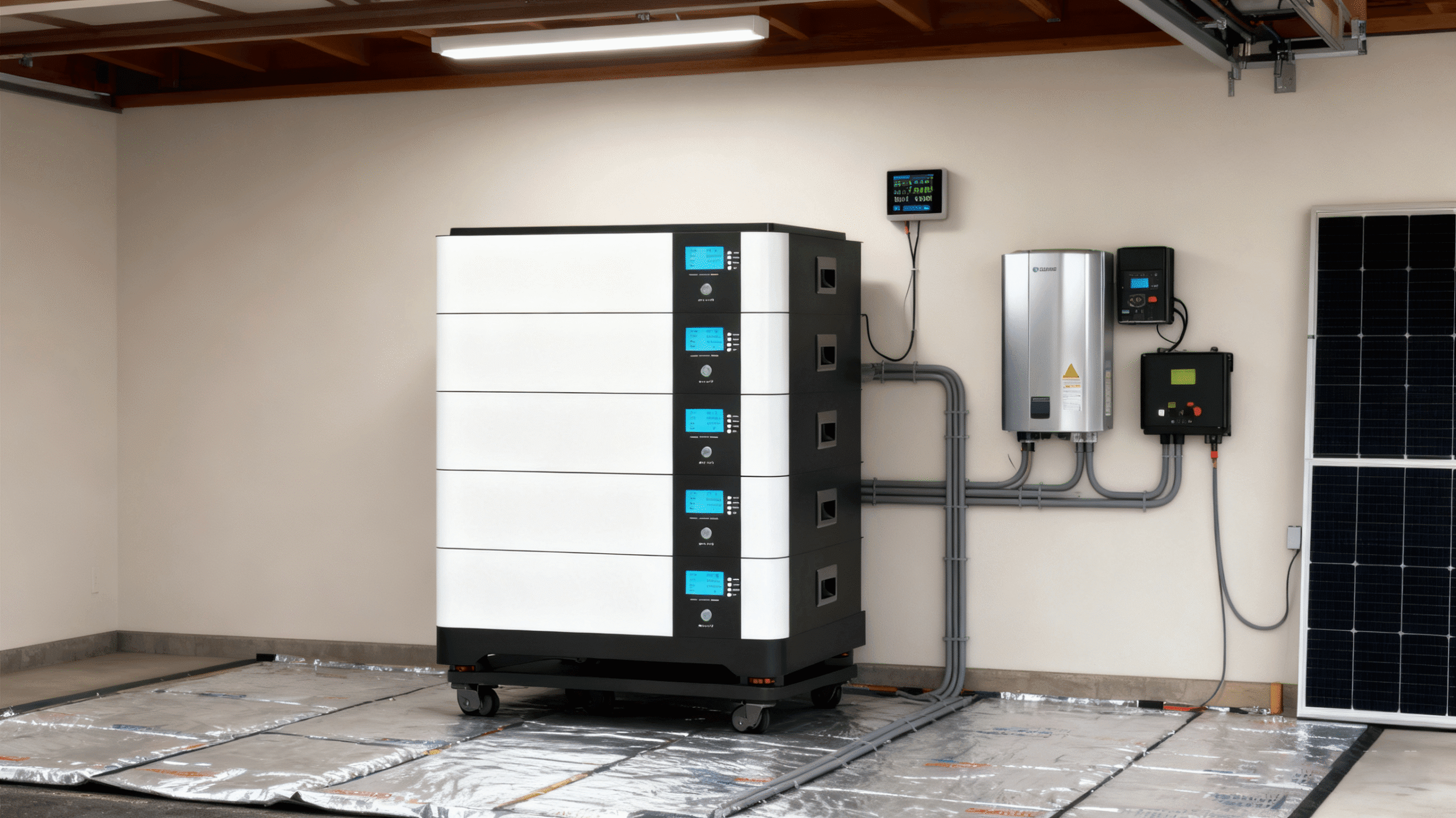 High-tech smart home showcasing stacked LiFePO4 energy storage batteries with glowing green indicators, futuristic eco design, solar panels and wind turbines in the background, representing clean energy future High-tech smart home showcasing stacked LiFePO4 energy storage batteries with glowing green indicators, futuristic eco design, solar panels and wind turbines in the background, representing clean energy future