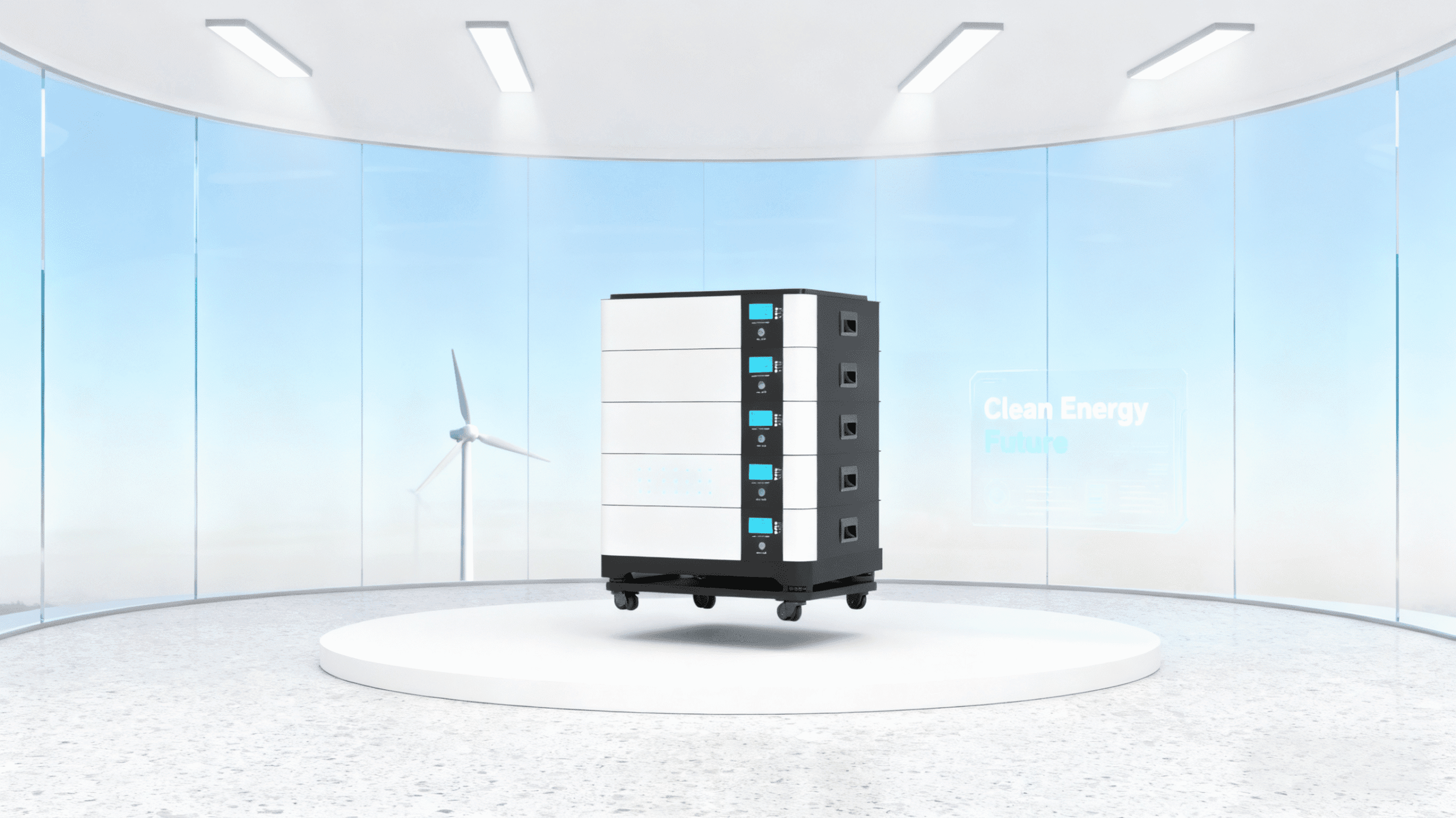 Residential garage energy system showing stacked 51.2V LiFePO4 batteries connected to inverter and solar system, realistic setup with clean cables and smart control screen, modern green technology environment Residential garage energy system showing stacked 51.2V LiFePO4 batteries connected to inverter and solar system, realistic setup with clean cables and smart control screen, modern green technology environment