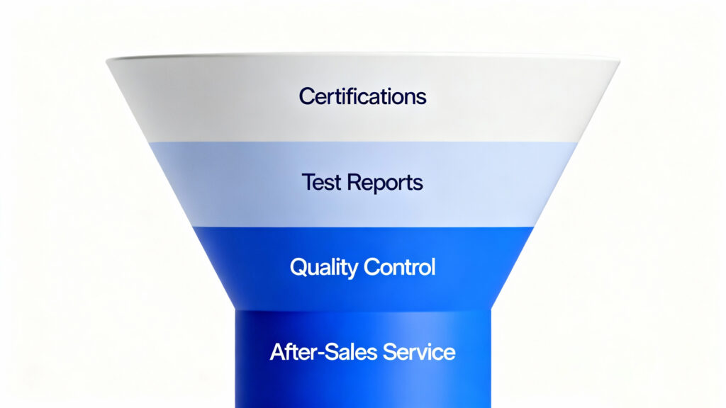 Auswahlhilfe für chinesische Hersteller Infografik zur Auswahl zuverlässiger chinesischer Solarbatteriehersteller mit Tipps zur Qualitätskontrolle und Zertifizierung