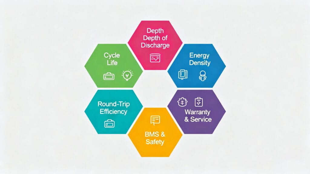 Sechs wichtige Leistungsindikatoren Infografik mit sechs wichtigen Leistungsindikatoren für Solarbatteriesysteme, darunter Zyklusdauer, Effizienz und Sicherheit.