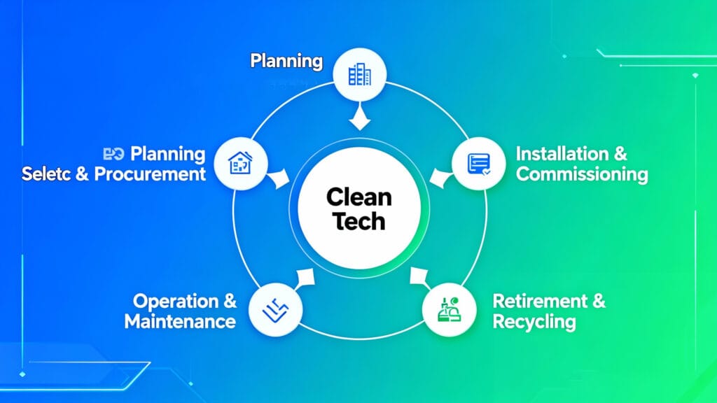 Lebenszyklus eines Solarbatteriesystems In einem modernen Haus installiertes Solarbatteriesystem, das zur Energiespeicherung mit Solarzellen auf dem Dach verbunden ist.