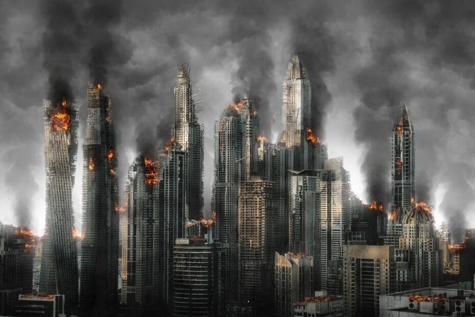 armageddon, disaster, destruction, war, abandoned, damage, architecture, apocalypse, devastation, destroyed, metropole, city, skyscrapers, burning down, gray city, gray war, war, war, war, war, war, apocalypse, city, city
